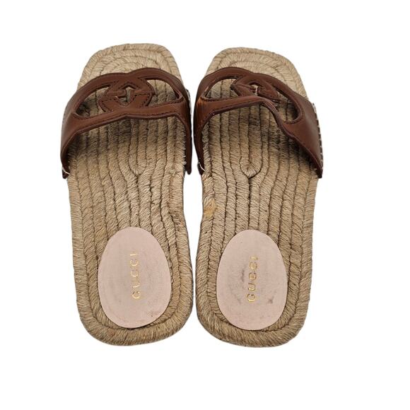 Gucci GG Espadrille Flat Slide Sandal Brown Leather Square Toe Size 37.5 US 7.5 - Picture 4 of 10